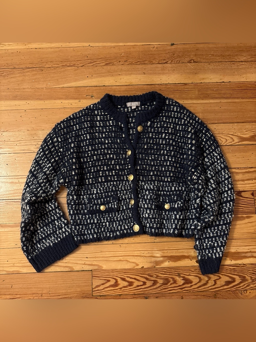 J.Crew Lady Jacket Small S Blue White Cardigan Gold Buttons Cropped Alpaca Wool